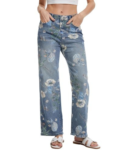 DAOAO Vintage Floral Jeans for Women 90s High Rise Wide Leg Casual Stretchy Denim Pants Trendy Pantalones De Mujer,S Blue | Amazon (US)