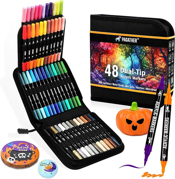48 Colors Acrylic Paint Markers, Dual Tip with Fine Tip and Brush Tip Pens for Stone, Wood, Calli... | Amazon (US)