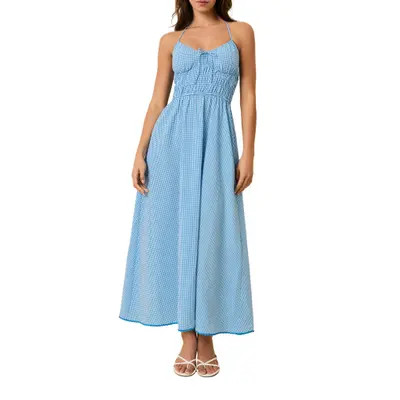 Solid & Striped Lolita Gingham Shirred Halter Seersucker Maxi Sundress in Cosmic Blue Gingham at Nordstrom, Size Small | Nordstrom