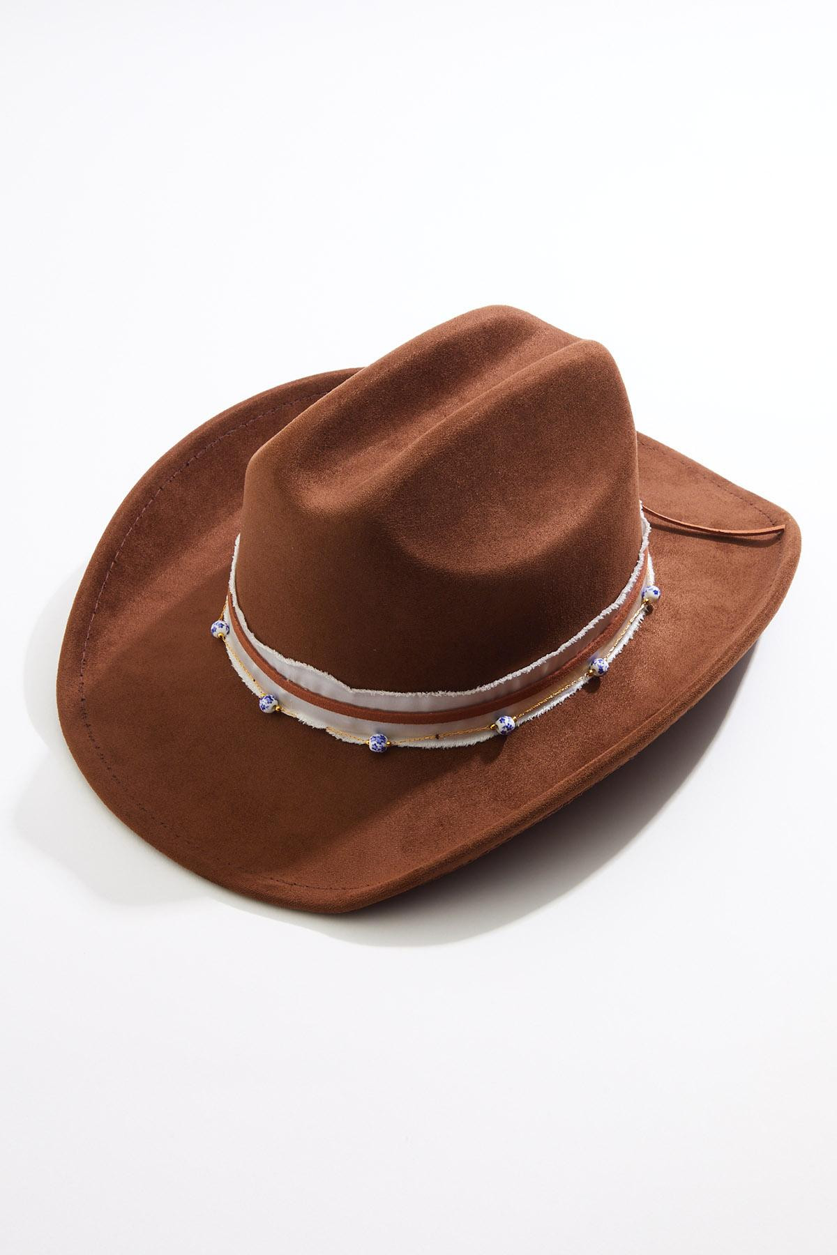 Faux Suede Beaded Trim Cowboy Hat | Cato Fashions