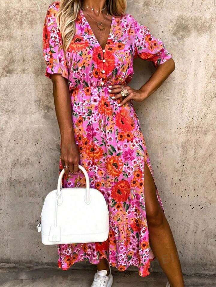 SHEIN LUNE Women's Floral V-Neck Button Front Half-Open Short Puff Sleeve Dress With Side Slit, P... | SHEIN