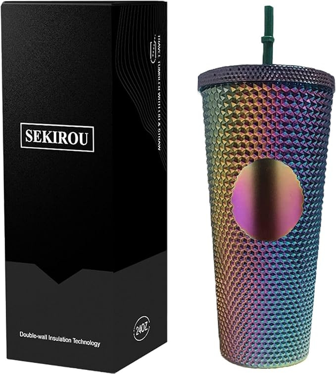Studded Double Wall Water Tumbler with Straw and Leak Proof Lid, 24OZ Reusable Iced Coffee Custom... | Amazon (US)