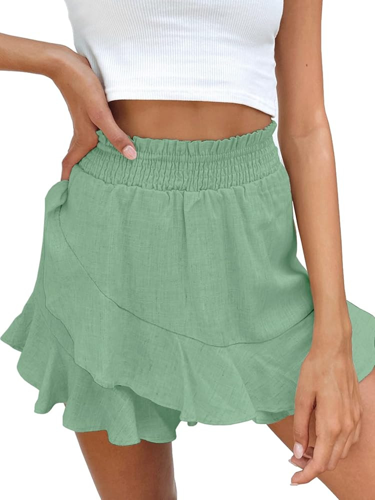 BNOOUIL Women's High Waisted Shorts Summer Casual Comfy Flowy Beach Linen Cotton Shorts Wrap Mini Sk | Amazon (US)