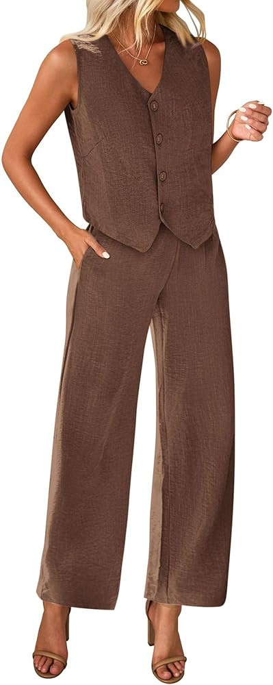 KIRUNDO Womens Two Piece Outfits Summer Fashion Button V Neck Crop Vest Blazer and Wide Leg Pants... | Amazon (US)