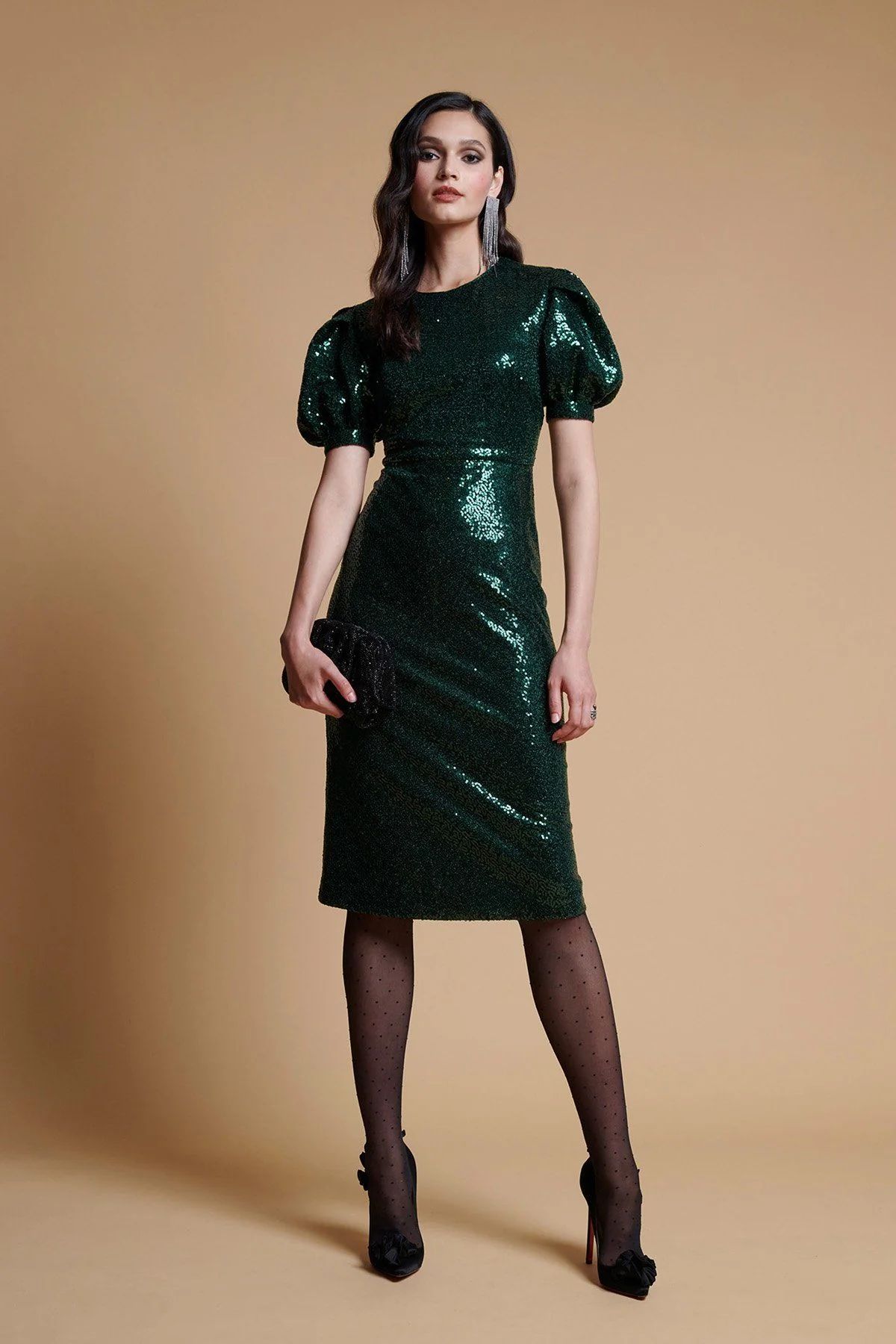 Puff Sleeve Sequin Dress - Green | Rachel Parcell