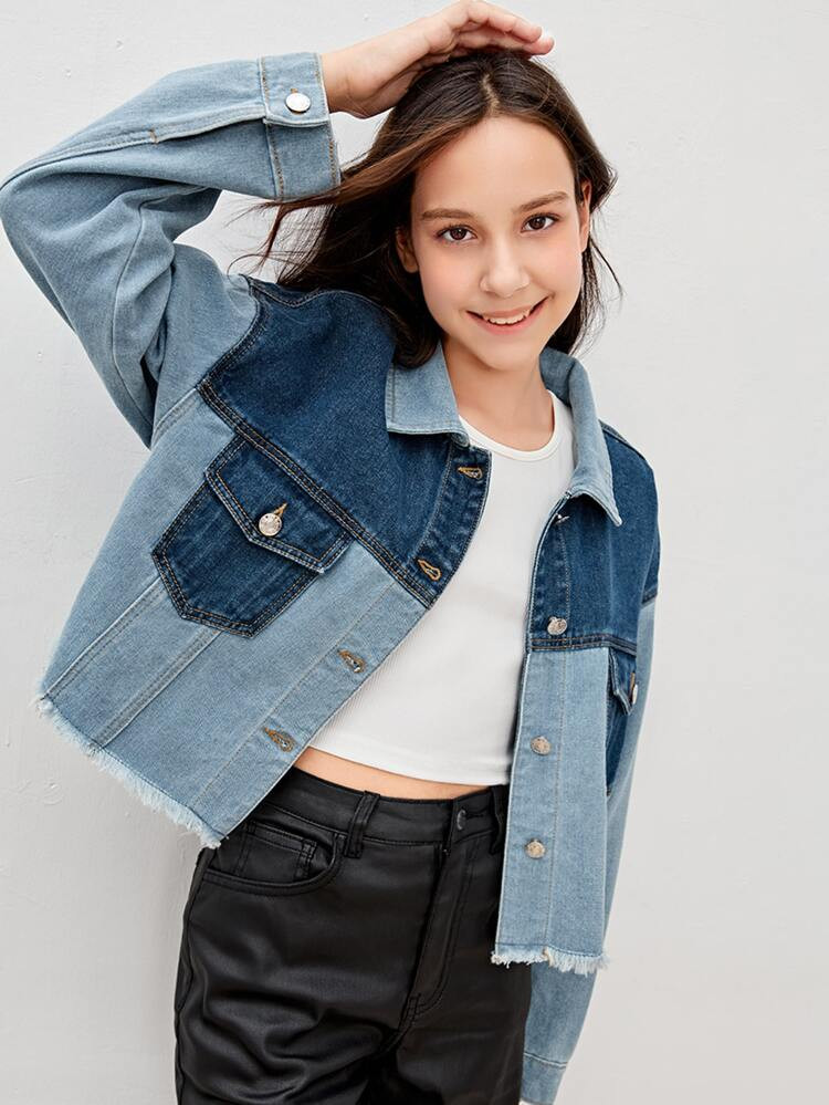 Teen Girls Flap Pocket Front Raw Hem Two Tone Denim Jacket | SHEIN