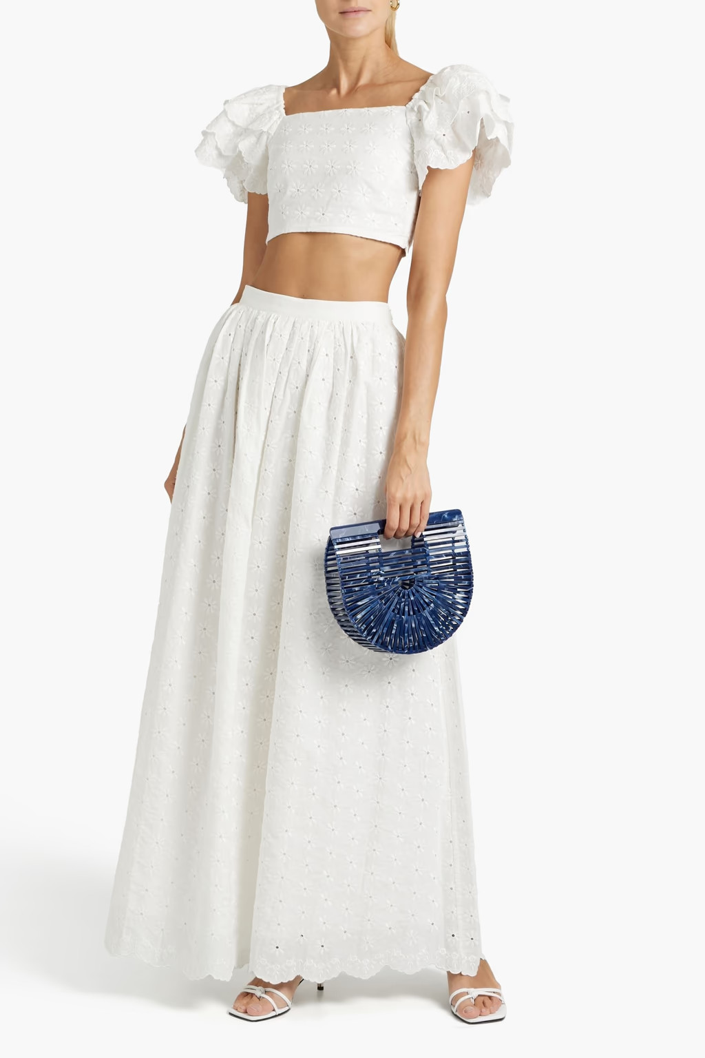 White Gathered broderie anglaise cotton maxi skirt | CAROLINE CONSTAS | THE OUTNET | The Outnet (US and CA)