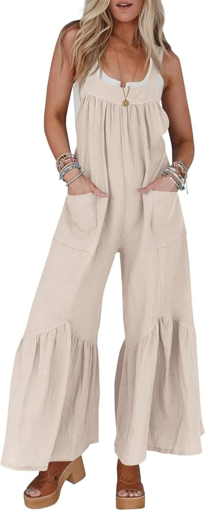 Cicy Belll Women's Wide Leg Ruffle Jumpsuits Open Back Summer Casual Boho Long Pants Rompers | Amazon (US)