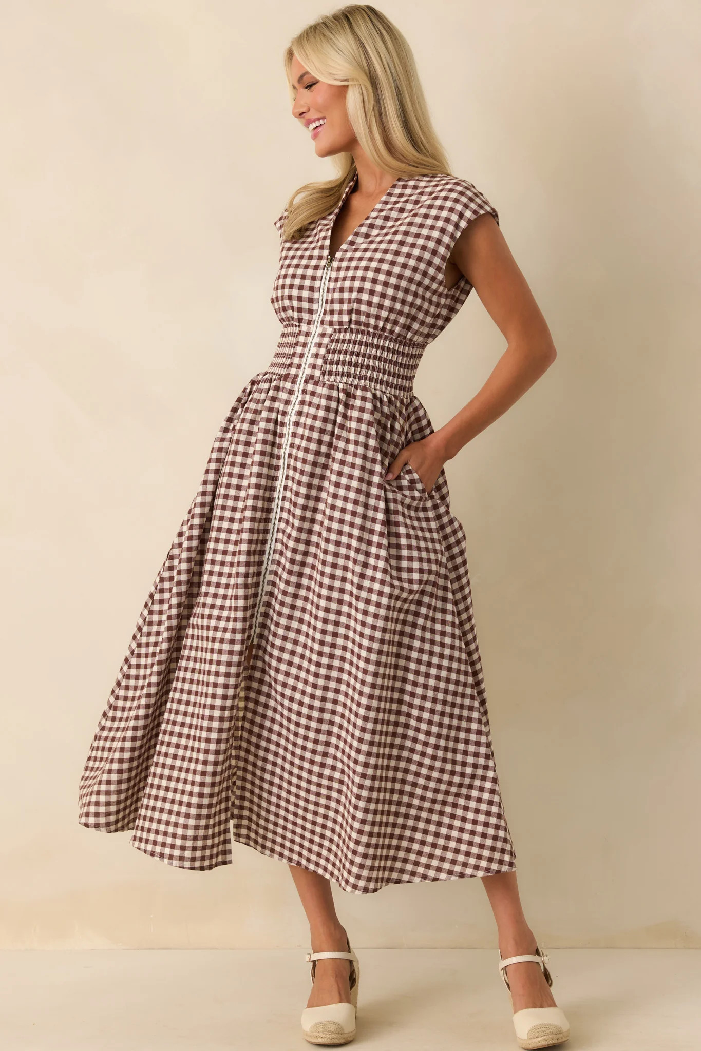 The Evette Brown Gingham Cotton Zip Front Midi Dress | Red Dress