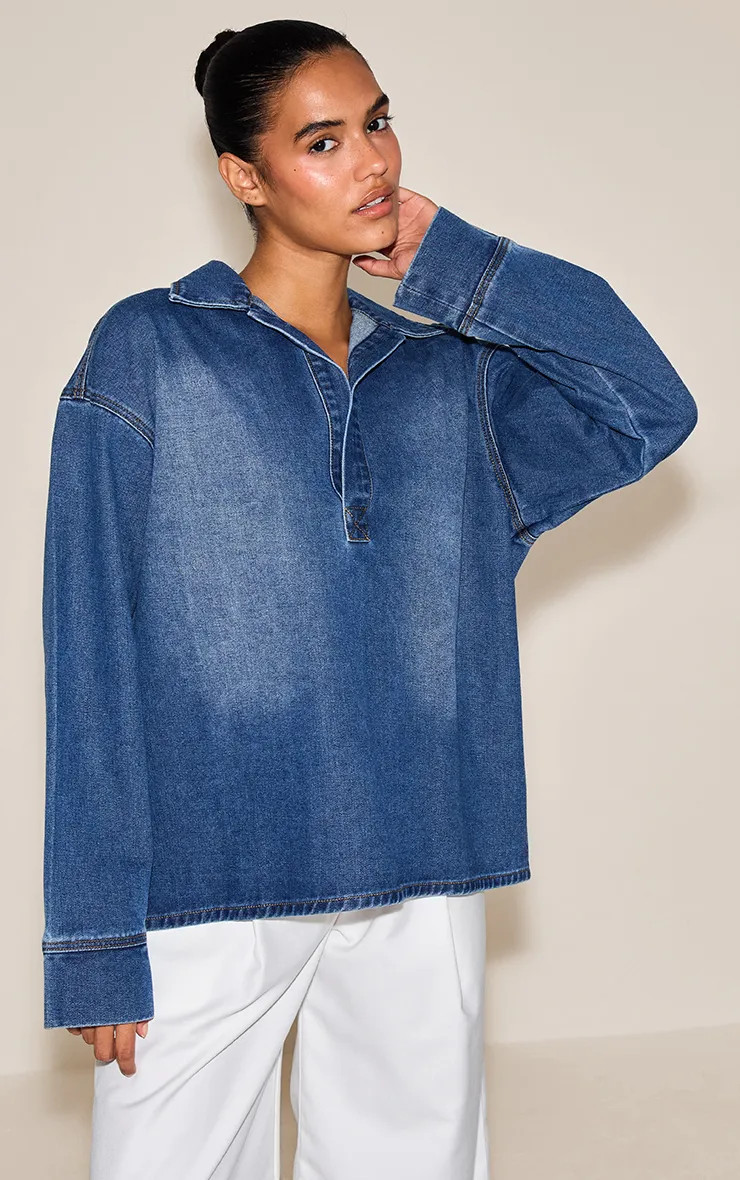 PrettyLittleThing Mid Blue Wash Long Sleeve Oversized Denim Rugby Shirt | Boohoo USA | boohoo (US & Canada)