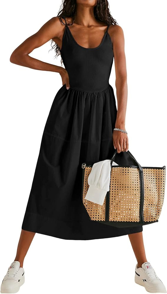 Fisoew Womens Spaghetti Strap Dress V Neck Backless Summer Casual A Line Cami Dress with Pocket | Amazon (US)