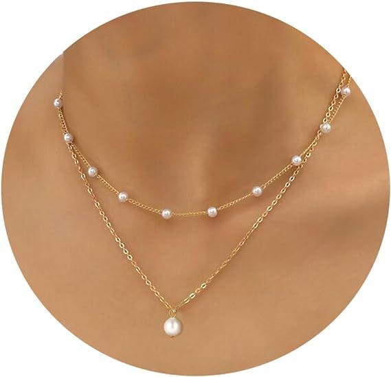 Gold Pearl Necklace for Women, 14K Gold Plated Layered Freshwater Pearl Necklaces for Women Trend... | Amazon (US)