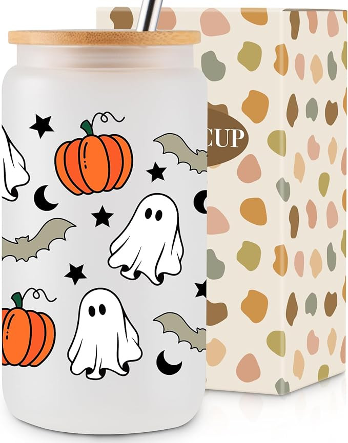 Pumpkin Ghost 16Oz Iced Coffee Glass Cups with Lids and Straws - Cute Halloween Gifts for Women, ... | Amazon (US)