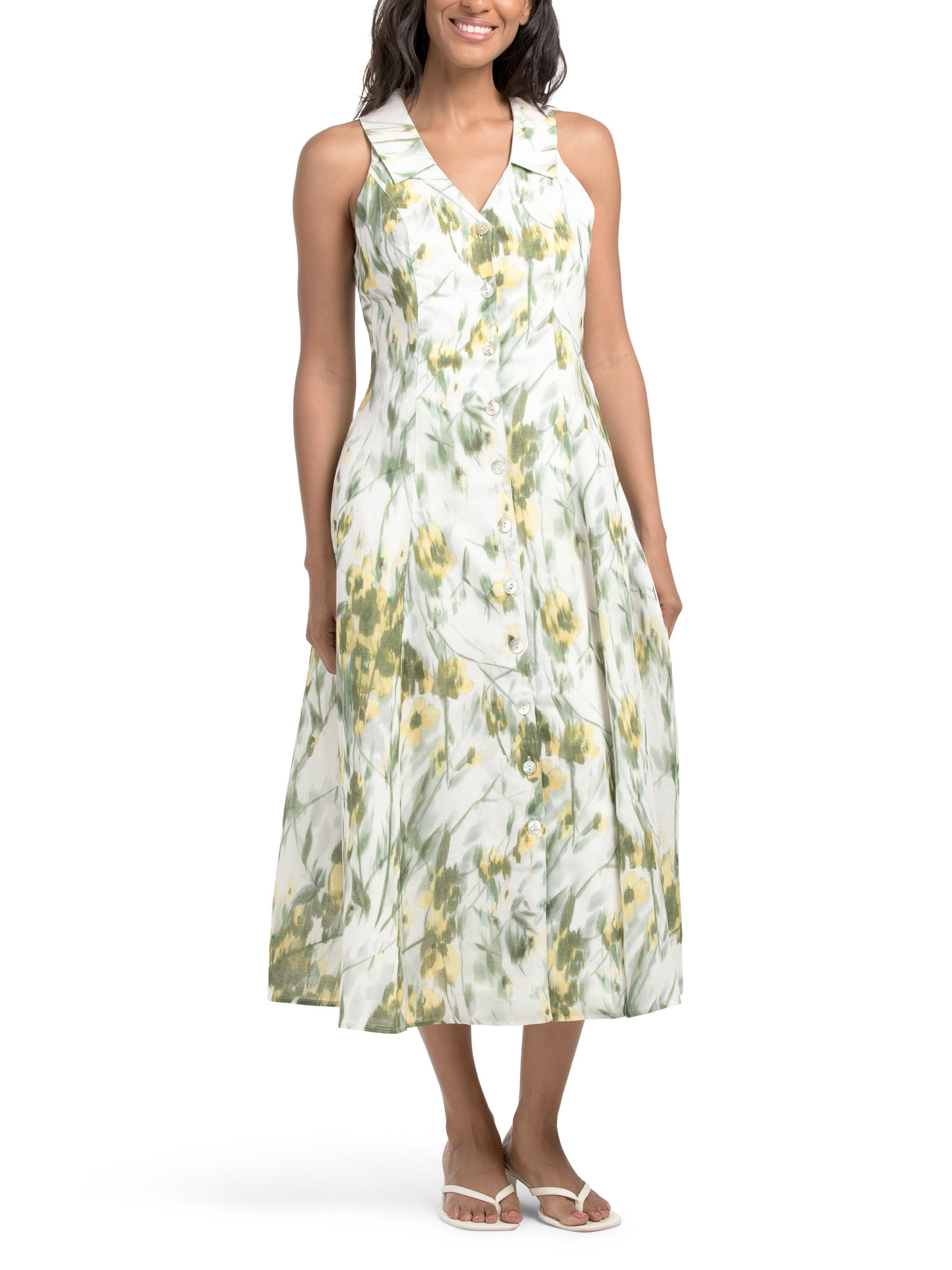 Linen Blend Sleeveless Collar Button Down Midi Dress | TJ Maxx