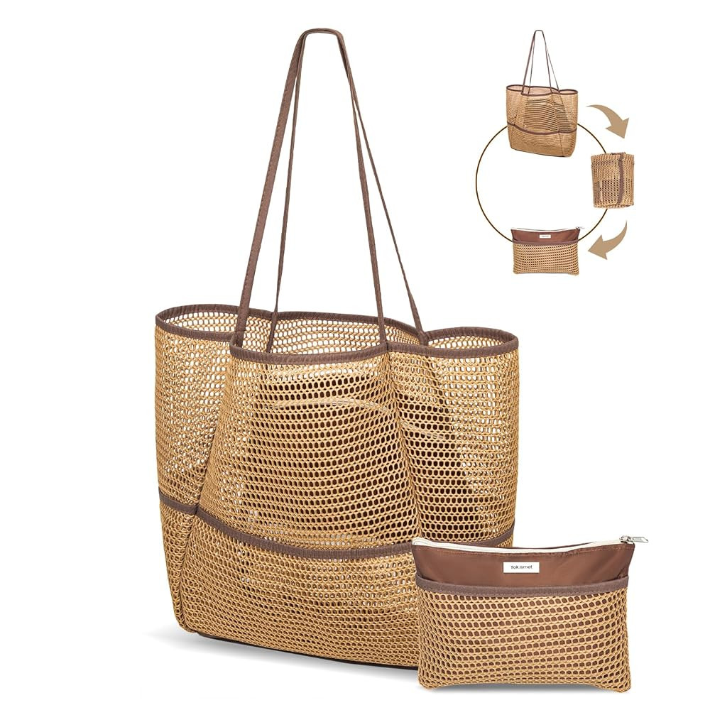 Mesh Beach Tote Bag Packable,2025 New 2-in-1 Large Lightweight Foldable Beach Bags with Multiple ... | Amazon (US)