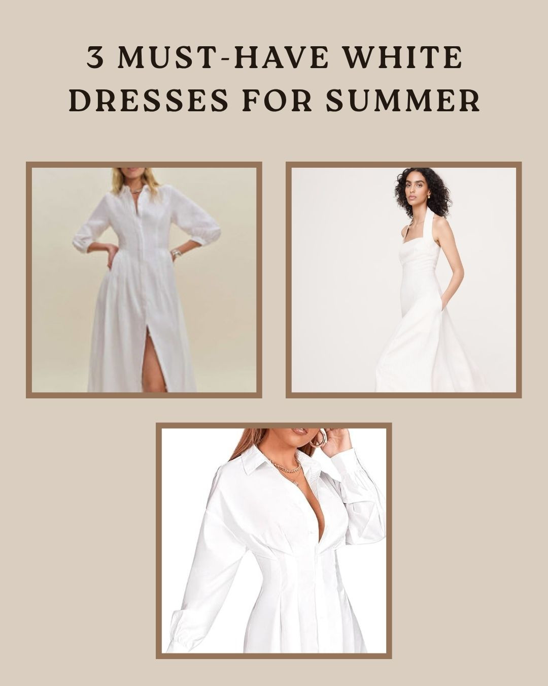 There is nothing more timeless than a crisp white dress for the warmer months. 🤍 I’ve curated three distinct silhouettes that cover every summer vibe—from effortless coastal days to sophisticated evening soirées.

The Lineup:
1️⃣ The Modern Halter: A structured linen-blend midi that is equal parts sleek and breathable. The halter neck and pocket details make it the perfect "quiet luxury" staple for a city stroll.
2️⃣ The Breezy Button-Down: The ultimate chic-but-casual piece. With its soft puff sleeves and high slit, this is your go-to for brunch or a seaside lunch.
3️⃣ The Sculpted Shirt Dress: For when you want to look sharp and put-together. The cinched waist and tailored collar offer a perfect feminine take on a classic menswear silhouette.

Which silhouette is your favorite? 🥂✨ 

 #LTKvlog #LTKSeasonal #LTKTravel