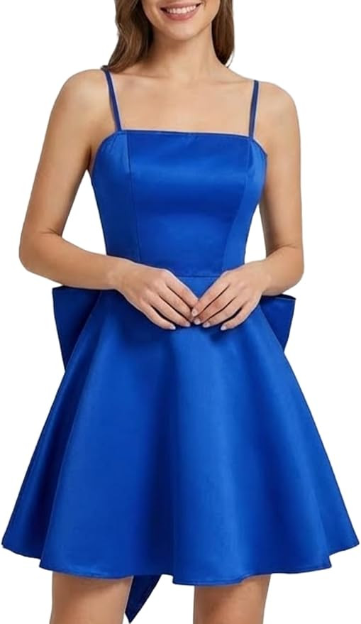 WDIRARA Women's Satin Bow Homecoming Dresses Spaghetti Strap Wedding Guest Gown Summer Mini Dress | Amazon (US)