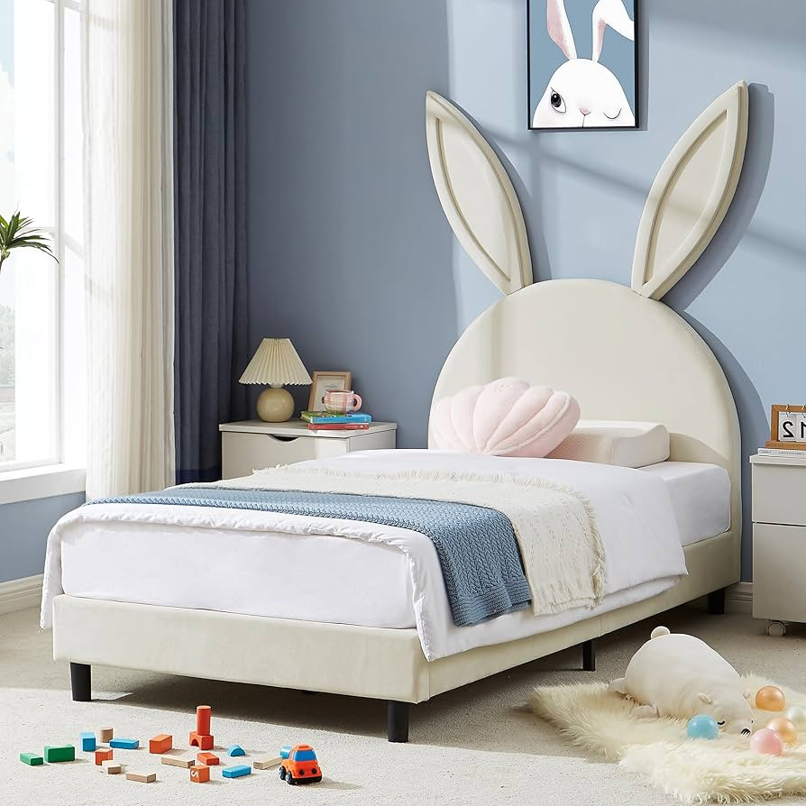 VECELO Twin Size Bed Frame, Heavy-Duty Platform with Rabbit Shaped Headboard for Girls Kids Room,... | Amazon (US)