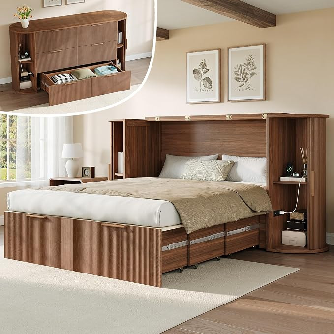Brown Wood Cabinet Bed, Modern Cabinet, Bedside Shelves, Curved Fluted Design, Charging Station, ... | Amazon (US)
