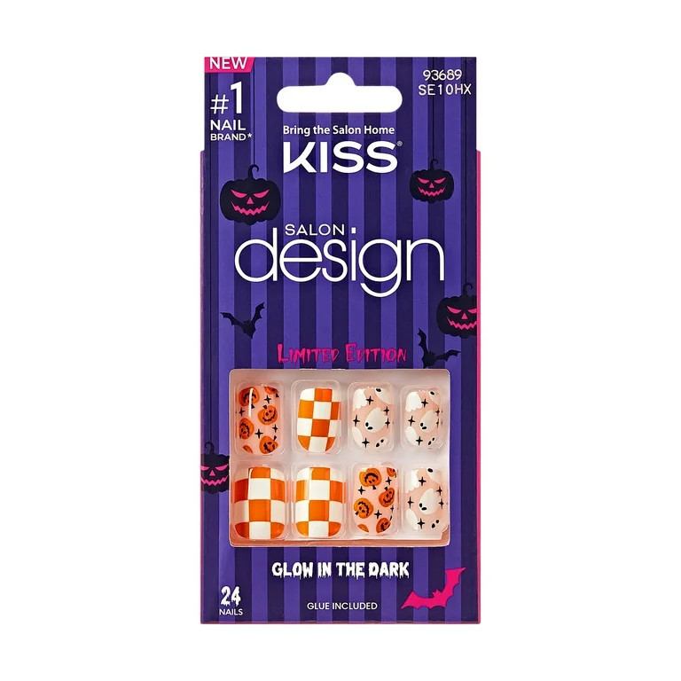 KISS Salon Design Glow in the Dark, Press On Nails, Fright Festival, Orange, Short Squoval, 24 Co... | Walmart (US)