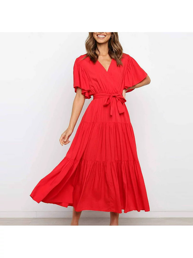 Calzi Short Sleeve V Neck Shirts Dress for Womens Solid Color Swing Dress Dailywear Summer Dress | Walmart (US)