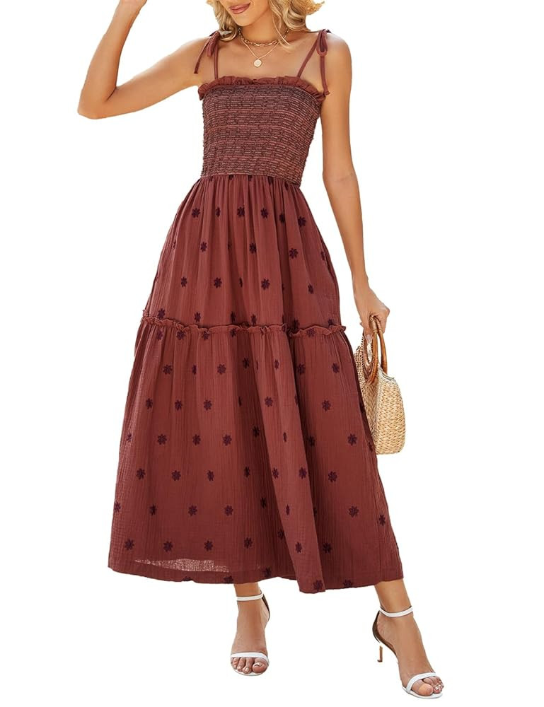 Women Floral Embroidered Maxi Dress Sleeveless Tie Shoulder Smocked Flowy Dress Boho Summer Sundr... | Amazon (US)