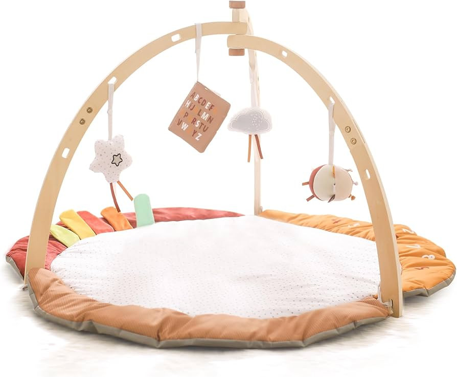 bopoobo Baby Gym Play Mat, Tummy Time Mat Wooden Play Gym with 4 Toys, Washable Baby Activity Pla... | Amazon (US)