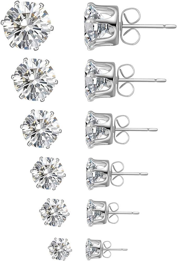 anmao 6 Pairs Stud Earrings Set,Clear Cubic Zirconia 316L Stainless Steel Earrings for Women for ... | Amazon (US)