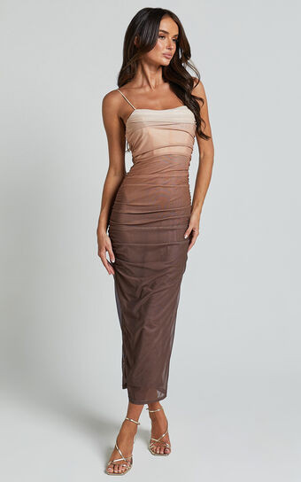 Aldine Midi Dress - Ombre Mesh Bodycon Dress in Chocolate | Showpo (US, UK & Europe)