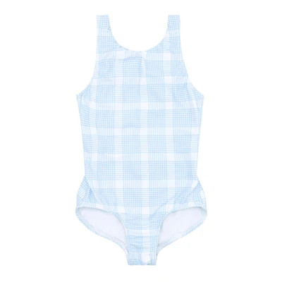 girls sunwashed plaid double bow one piece | minnow