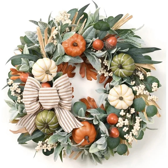 Lyacmy 22 Inch Fall Wreaths for Front Door, Farmhouse Autumn Wreath with Bow Pumpkin Decorations ... | Walmart (US)