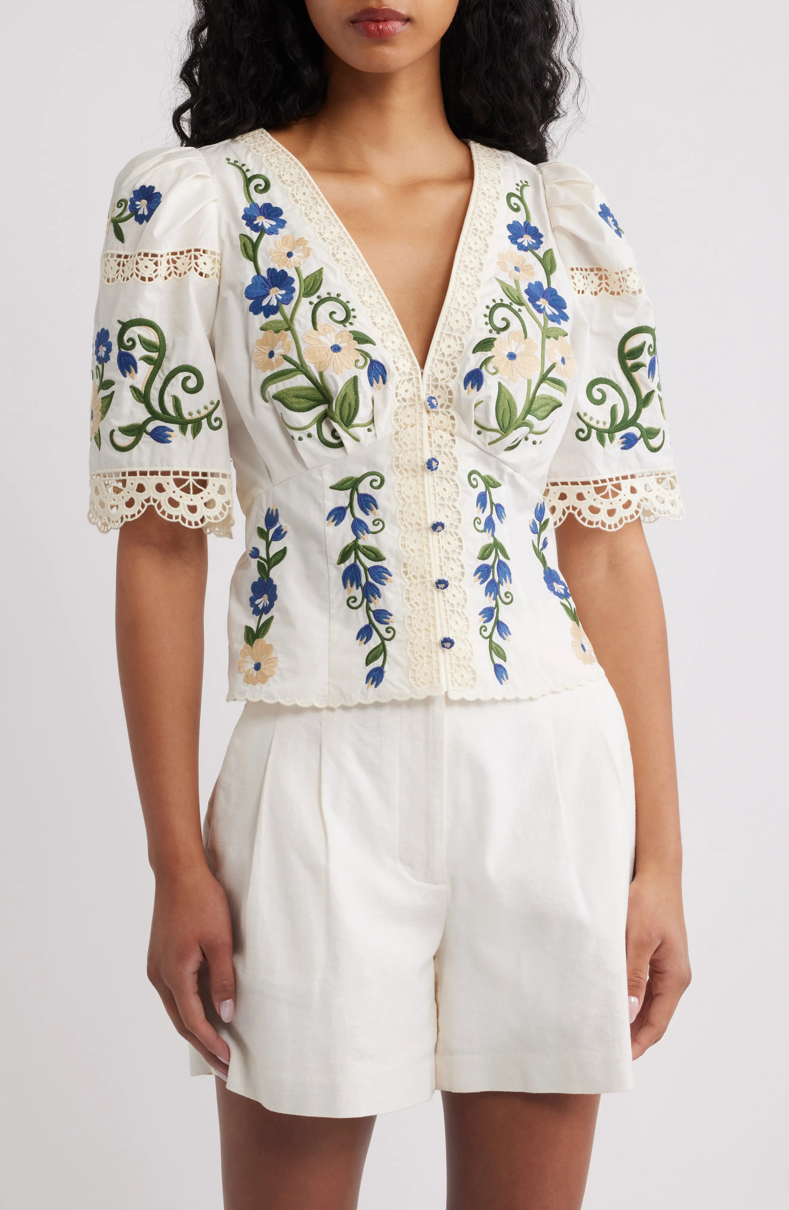 FARM Rio Countryside Land Embroidered Eyelet Cotton Top in Off-White at Nordstrom, Size X-Large | Nordstrom