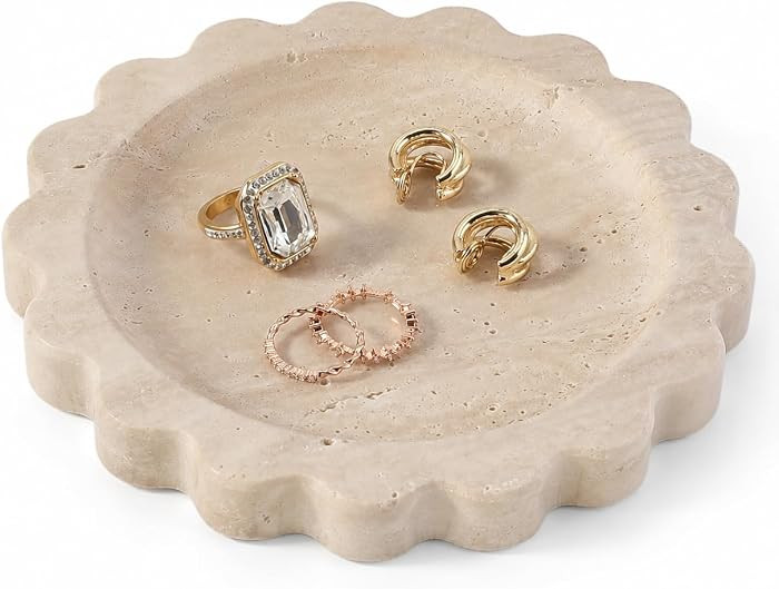 5.51" Travertine Tray, Natural Stone Trinket Dish for Ring Perfume, Round Scalloped Decorative Tr... | Amazon (US)