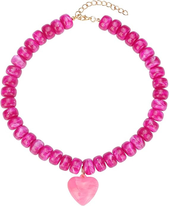 Chunky Colorful Beaded Statement Boho Chokers Necklace Heart Pendant Pink Green Yellow Brown Fash... | Amazon (US)