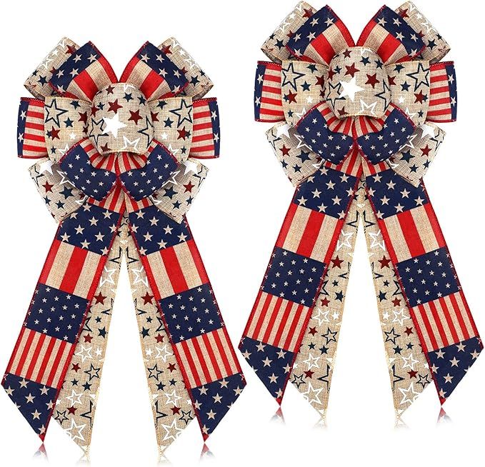 Jutom 2 Pcs Patriotic Bow Red White Blue Star Burlap Wreath Memorial Day 4th of July American Fla... | Amazon (US)
