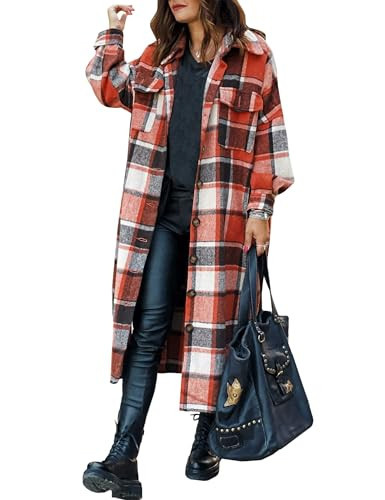 SKIKYAN Women Fall Flannel Plaid Shacket Jacket Oversized Button Down Long Shirt Jacket (Orange, Large) | Amazon (US)
