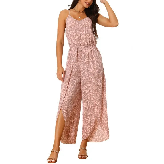 INSPIRE CHIC Women's Summer Casual Spaghetti Straps Sleeveless V Neck Tie Waist Split Wide Leg Ju... | Walmart (US)