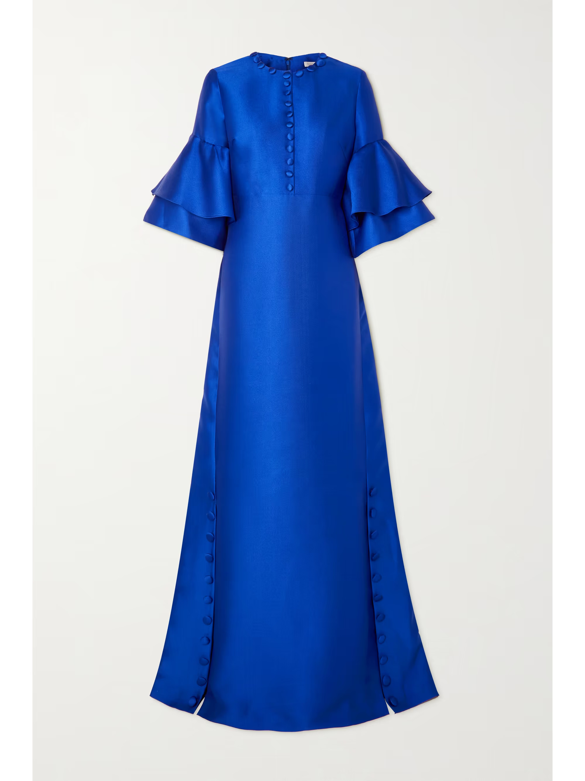 Royal blue Button-embellished ruffled satin-piqué gown | REEM ACRA | NET-A-PORTER | NET-A-PORTER (US)