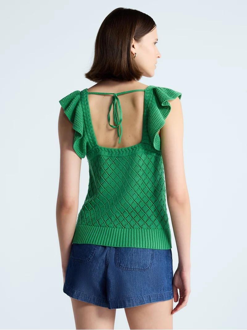 Free Assembly Women's and Women's Plus Square Neck Cotton Sweater with Flutter Sleeves, Sizes XS-... | Walmart (US)