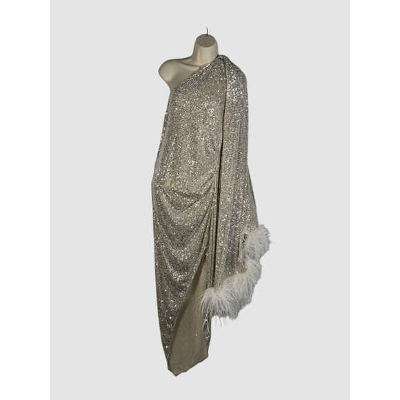 $3280 Nervi Women's Silver Maria One-Shoulder Cape-Sleeve Sequin Gown Size 46 | Poshmark