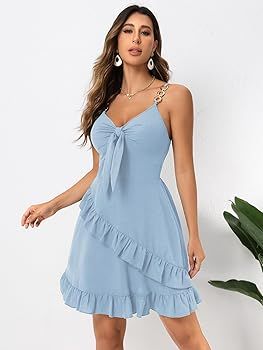 Womens Short Summer Dresses Sleeveless Deep V Neck Boho A Line Mini Dress Tie Front Ruffle Hem Tr... | Amazon (US)