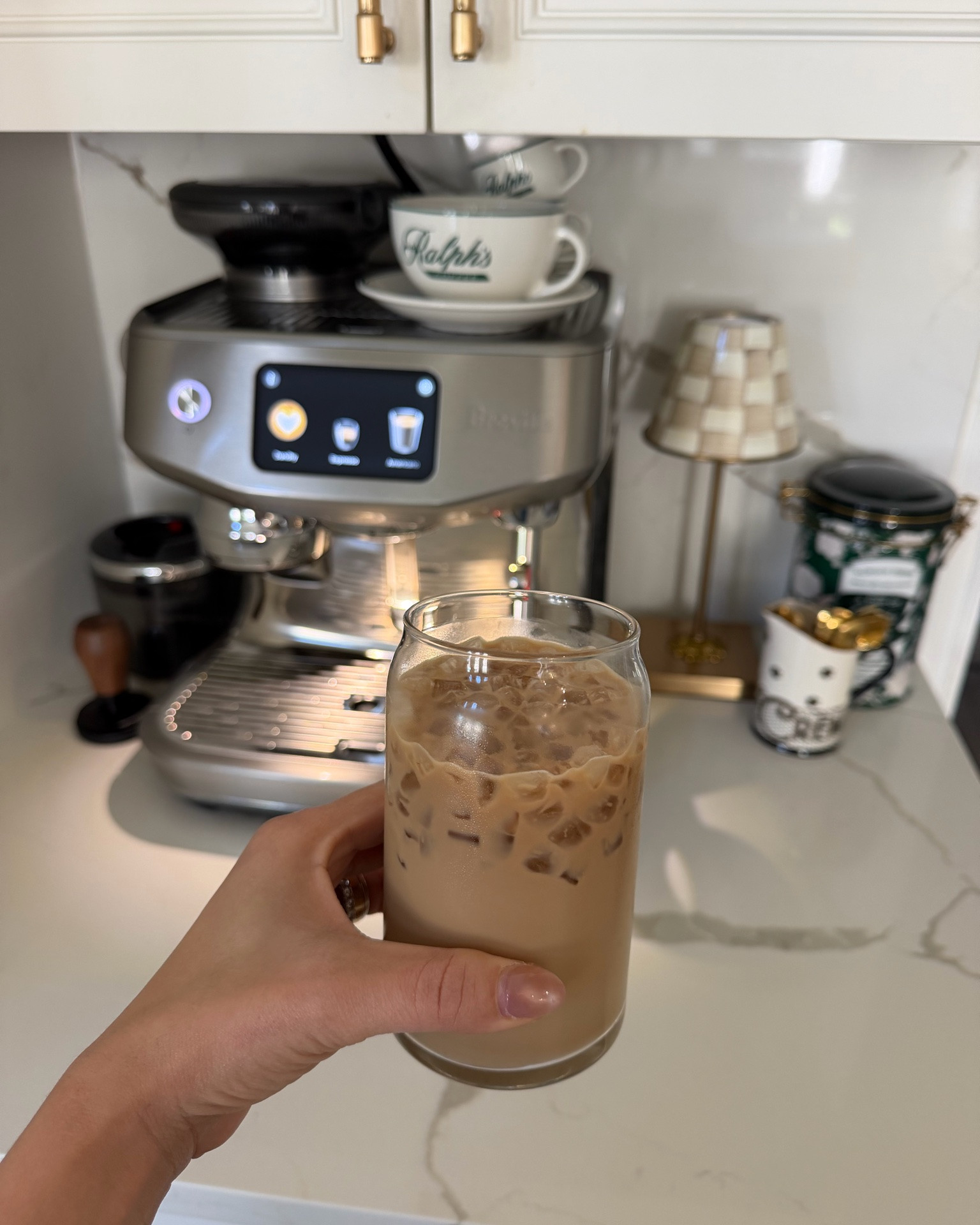 Morning ritual, coffee station, Breville coffee station, espresso machine, gift idea, home decor, kitchen finds, ralph Lauren canister, RL mugs, portable mini lamp,