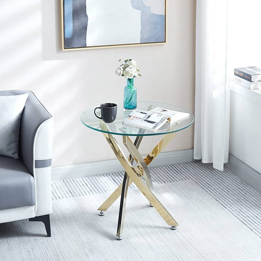 Pvillez Round Side Table, Glass End Table with Golden Chrome Legs, Small Coffee Accent Table, Bed... | Amazon (US)