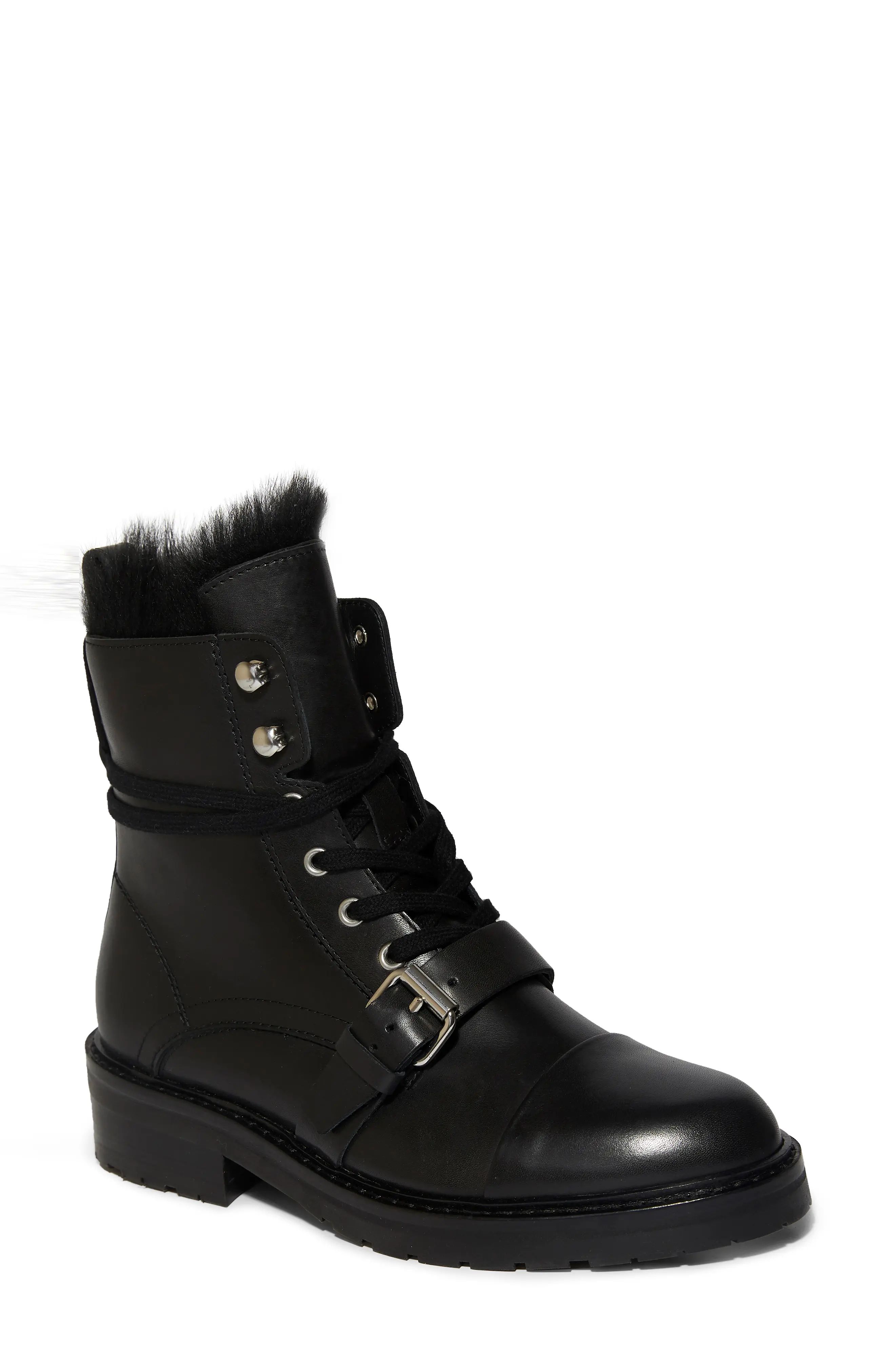 AllSaints Donita Combat Boot with Genuine Shearling Trim, Size 7Us in Black Shearling Leather at Nor | Nordstrom