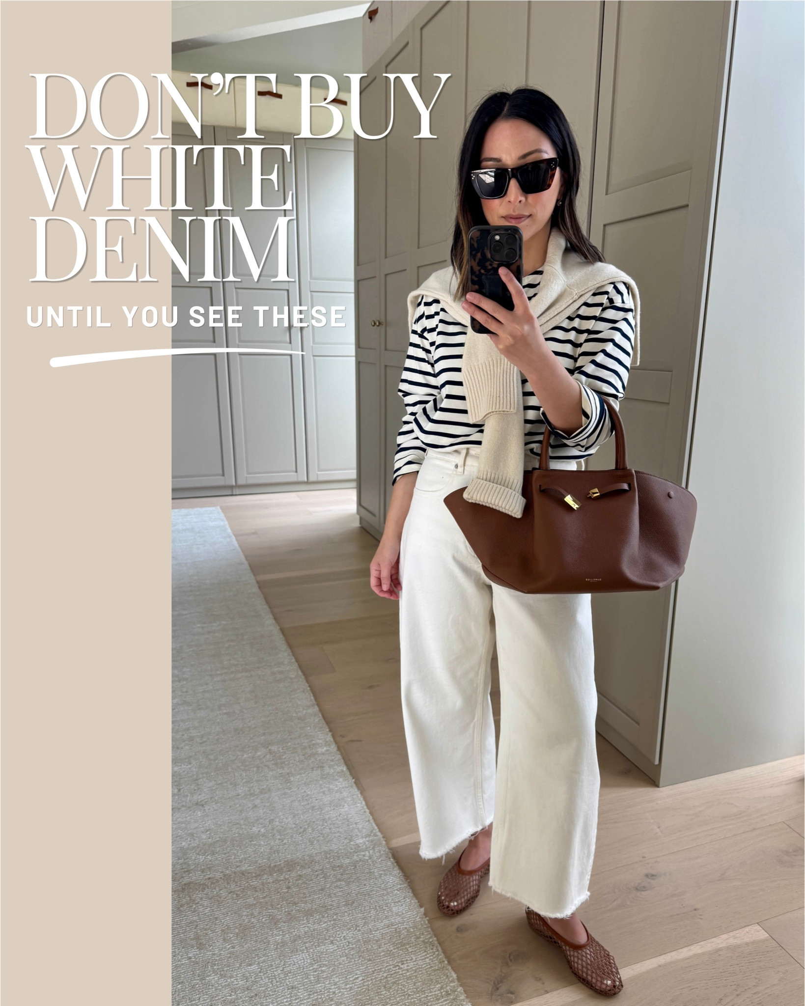 Most white denim can be hit or miss, but these 4 just work. Comfortable, not see-through, and really flattering.

Look 1:
Agolde mid rise crop jeans 25 - fit like a high rise.
Everlane tee medium 
Gap sweater petite small 
Dolce Vita sneakers 6 - size up. 
Quince bucket bag 
Polo Ralph Lauren hat 
Dorsey earrings medium 
Dorsey James necklace 15"

Look 2:
Everlane 2.0 Sailor jeans 25, cut hems.
AYR shirt xs 
Everlane cotton sweater xs  
Everlane ballet flats 5 - old 
Liffner small bag - old 
Celine sunglasses 
Electric Picks earrings 
Dorsey James necklace 15"

Look 3: 
Everlane curve jean 26, cut hems. 
Zara jacket xs 
Kule tee medium
Loeffler Randall flats 5.5 
Quince bag 
Celine sunglasses 
Electric Picks earrings 
Dorsey James necklace 15"

Look 4:
Levi’s Rib Cage Ankle 25 
Gap Big Shirt petite xs
Everlane cotton sweater xs 
Loeffler Randall flats 5 
The Row Park tote medium - linked similar.
Celine sunglasses 
Dorsey James necklace 15” 
Quince earrings

#LTKootd #LTKmomlife #LTKPetite