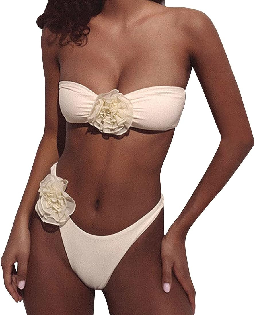 Women's 2 Piece Bikini Sets 3D Flower Decoration Bandeau Small Vest Sexy Briefs Bikini Swimsuit S... | Amazon (US)