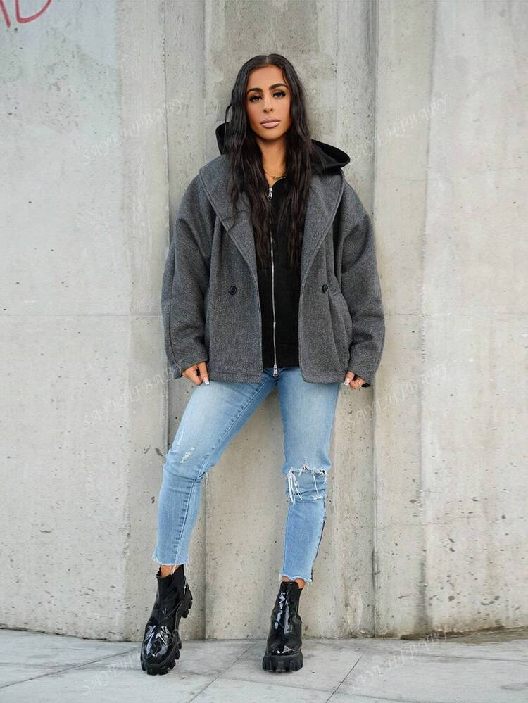 SAYEHFBABY New Arrival Gray Elegant Lapel Coat, Warm For Fall & Winter,Casual,Long Sleeve | SHEIN