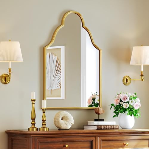 MYOTA Scalloped Gold Bathroom Vanity Mirror - 24"x36" Antique Decorative Arched Wall Mirror with Gold Metal Framed for Bathroom, Entryway, Living Room, Bedroom, Fireplace | Amazon (US)