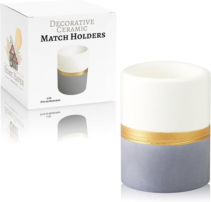 Ceramic Match Holder with Striker Pads -White, Navy & Gold- Cute Bathroom Decor | Coffee Table De... | Amazon (US)
