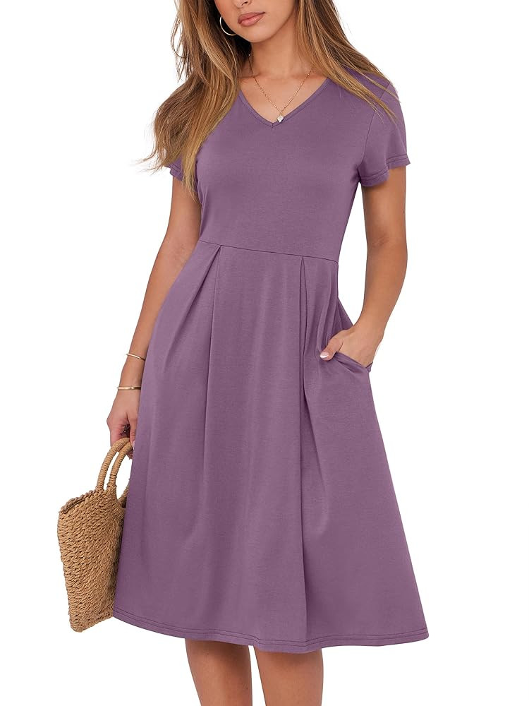 ANRABESS Women Summer Dress Casual Short Sleeve V Neck A-Line Knee Length Pleated Flowy 2025 Fash... | Amazon (US)